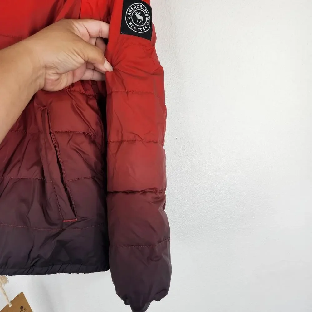 Abercrombie Red Ombre Cozy Puffer Hooded Jacket Boys Size 11/12 Sherpa Lined